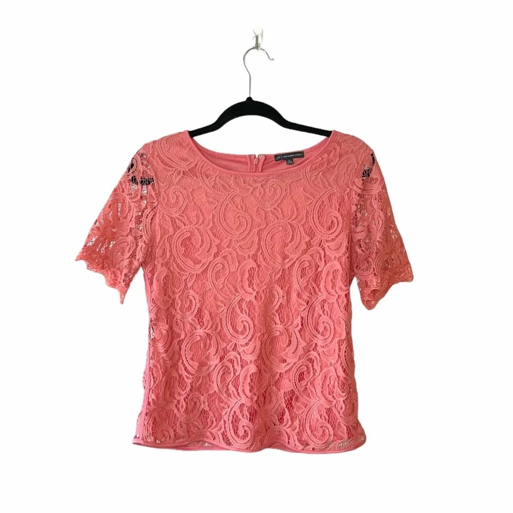 Adrianna Papell Allover Lace Top Pink Lined Short Sleeve Medium Women’s